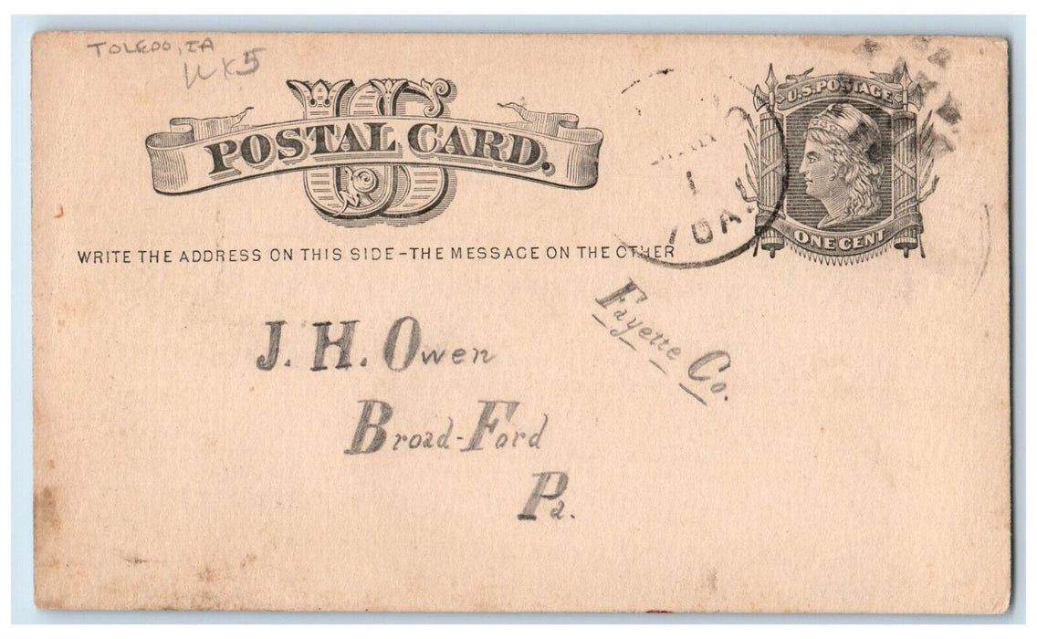 1878 Mrs. J A Little Better Letter Toledo Iowa IA Broad-Ford PA Postal Card