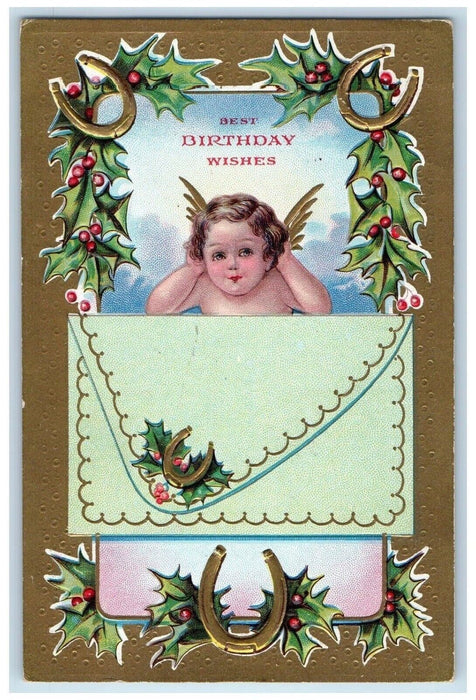 c1910s Birthday Christmas Wishes Angel Horseshoes Berries Letter Posted Postcard