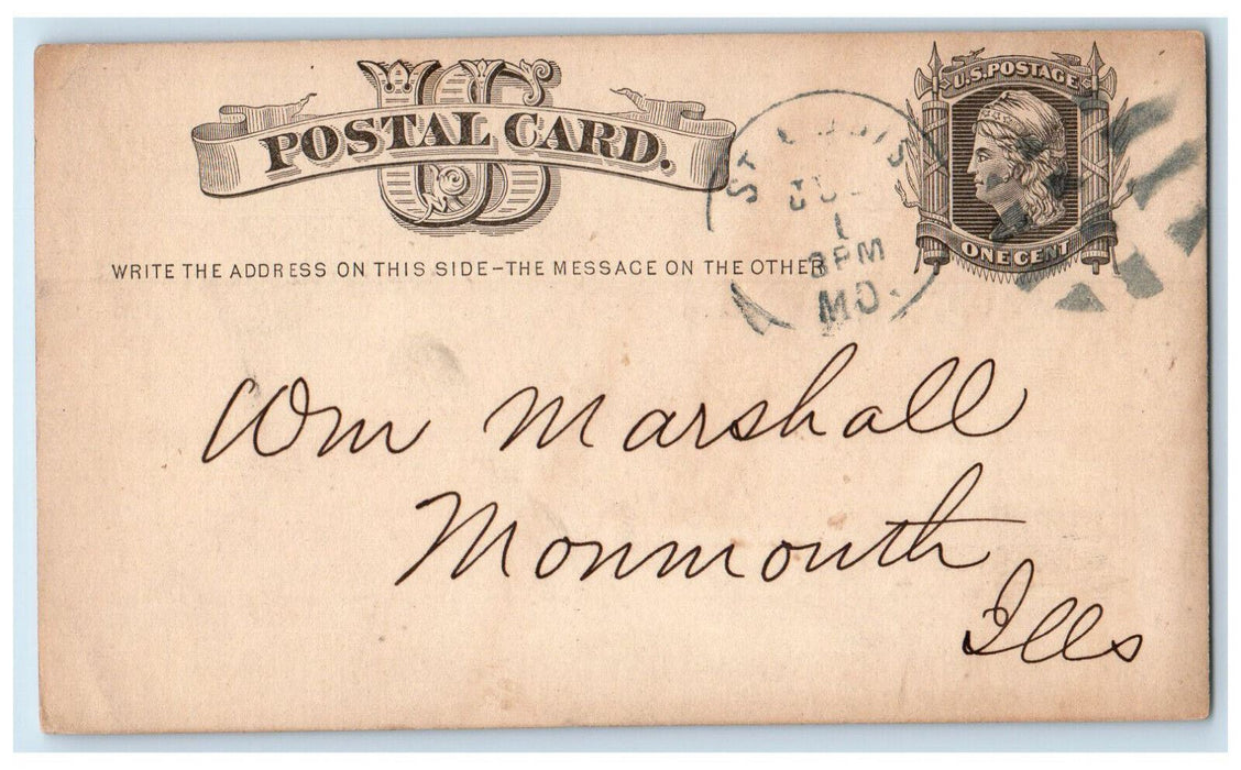 1876 WM Marshall Soule Thomas Wentworth Monmouth IL St. Louis MO Postal Card