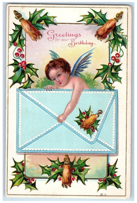 c1910's Birthday Greetings Angel Holly Berries Letter Embossed Antique Postcard