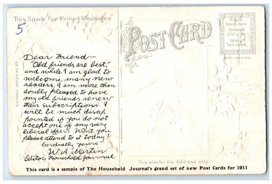 c1910's Birthday Greetings Angel Holly Berries Letter Embossed Antique Postcard