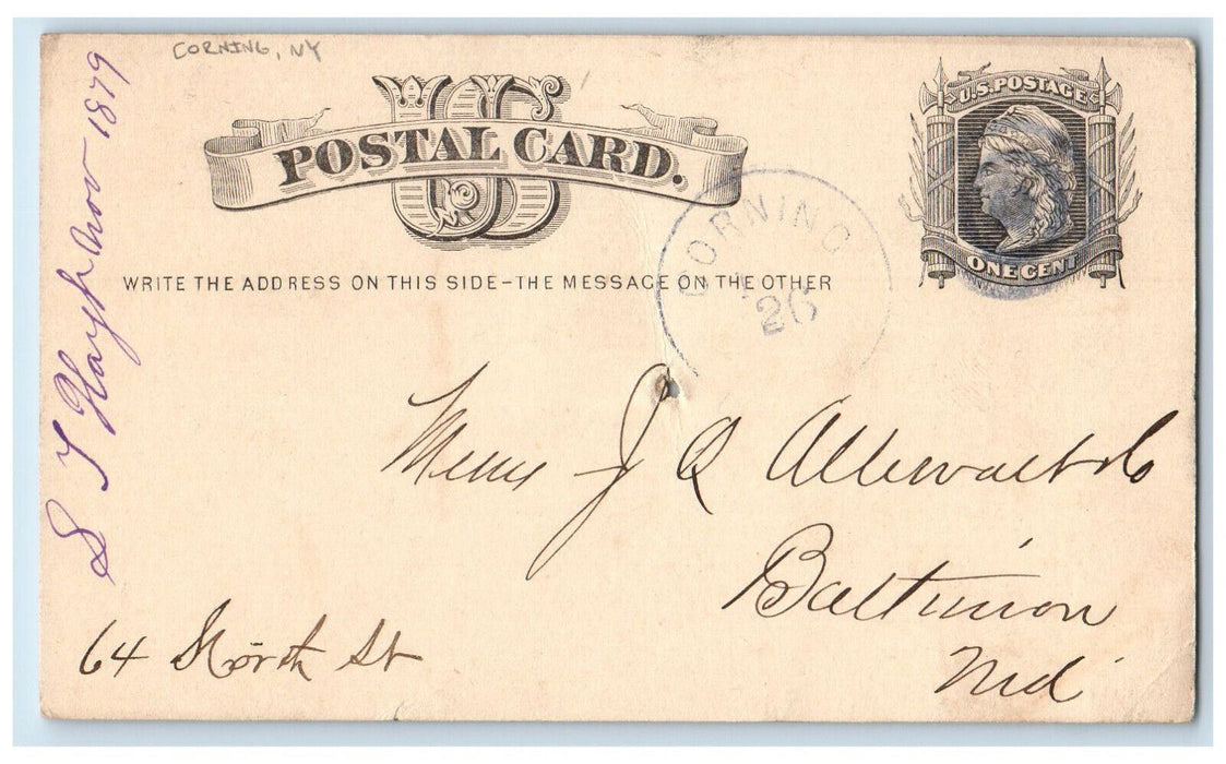 1879 Shipment SJ Hayh Baltimore Maryland MD Corning New York NY Postal Card