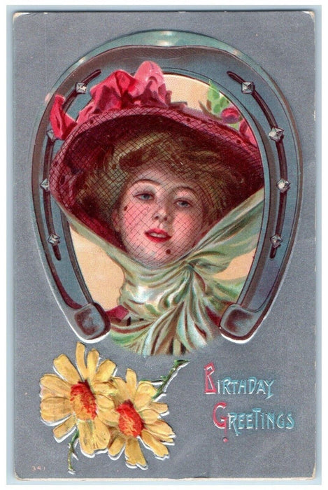 1909 Birthday Greetings Pretty Woman Horseshoe Flowers Altoona PA Postcard