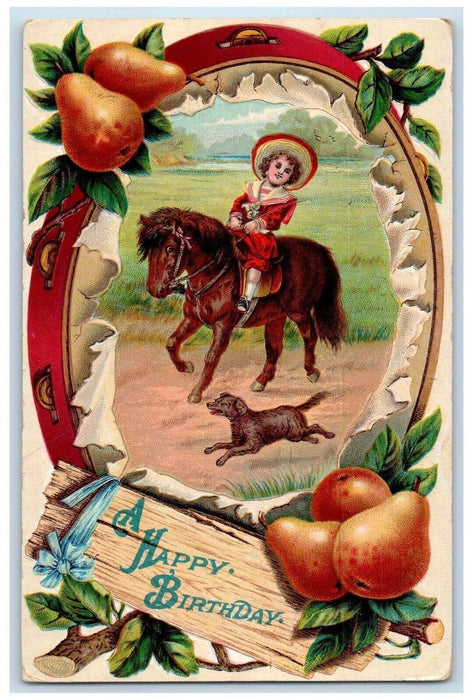 1912 Happy Birthday Pears Boy Riding Horse Dog Embossed Ricketts IA Postcard
