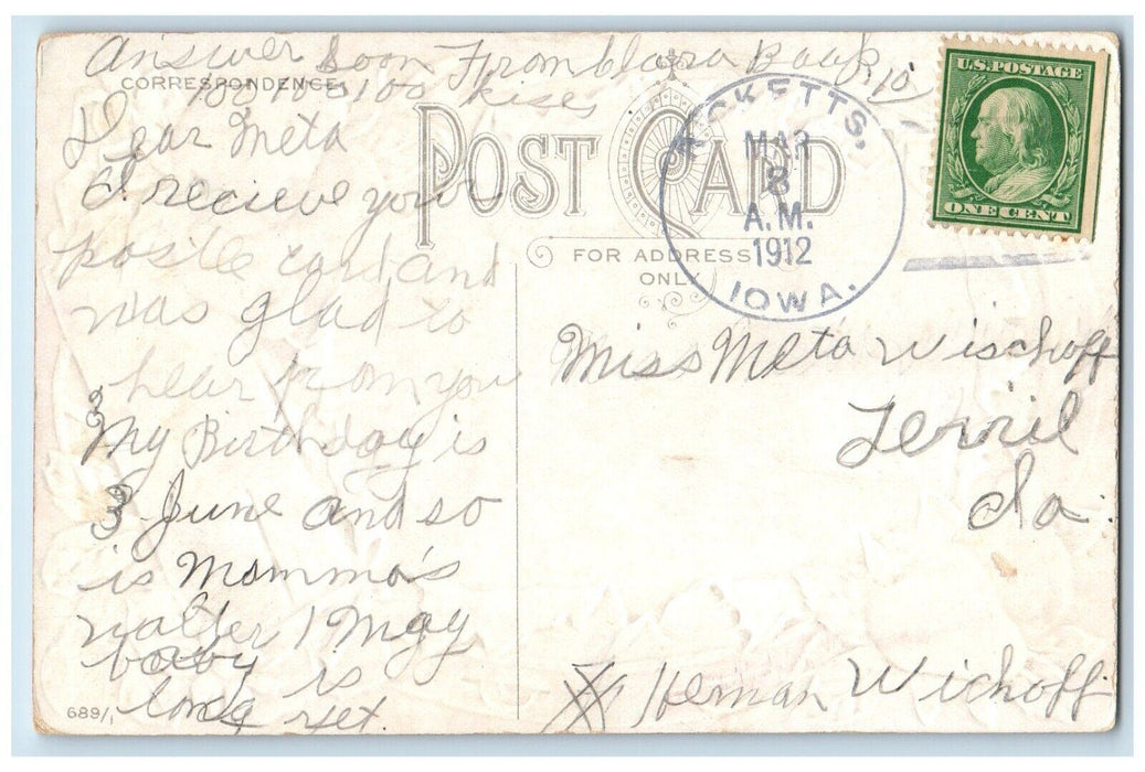 1912 Happy Birthday Pears Boy Riding Horse Dog Embossed Ricketts IA Postcard
