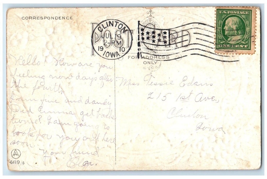 1910 Birthday Little Girl With Roses Flowers Grapes Clinton Iowa IA Postcard