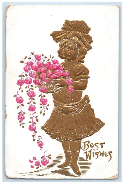 1909 Best Wishes Woman Holding Flowers In Basket Embossed Des Moines IA Postcard