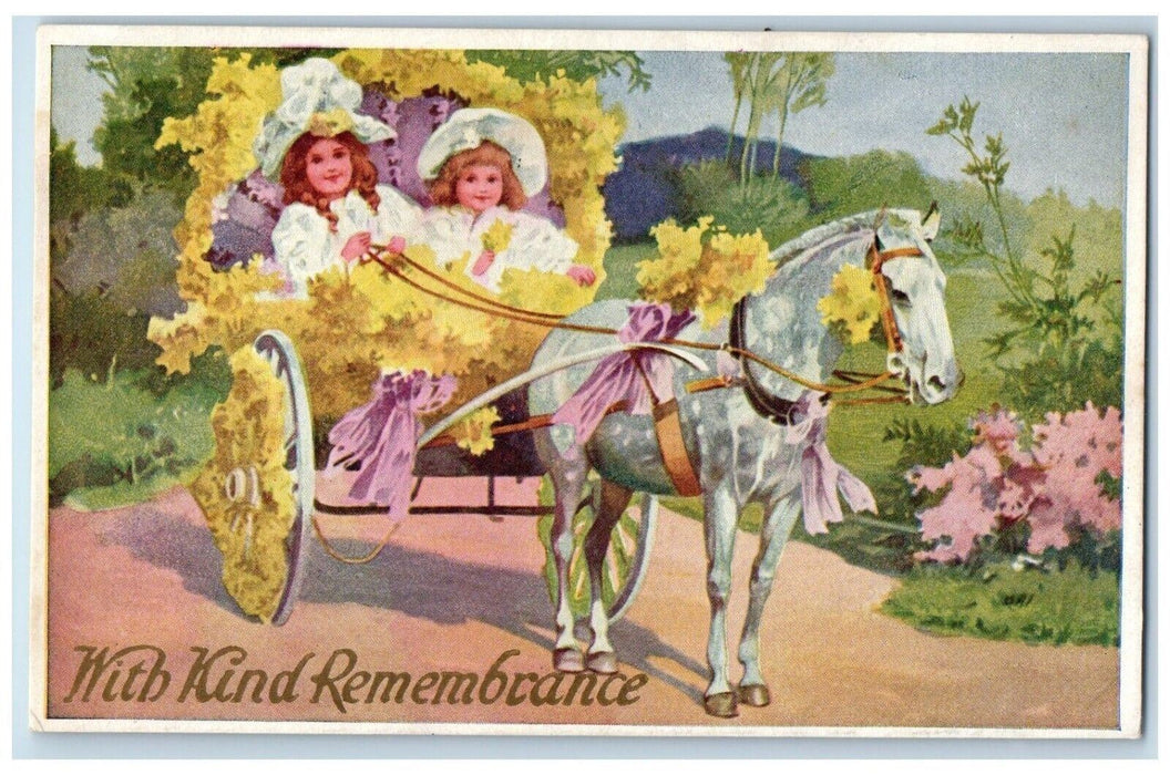 c1910's Girls Rising Horse Carriage Flowers With Kind Remembrance Postcard