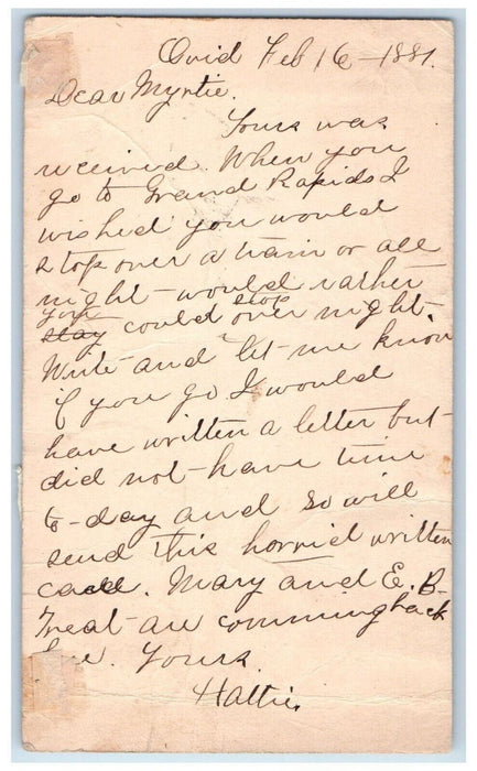 1881 Message on Other Mrs. J Bowers Fentonville Maryland MD Postal Card