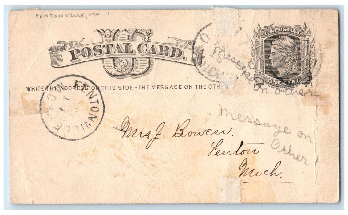 1881 Message on Other Mrs. J Bowers Fentonville Maryland MD Postal Card