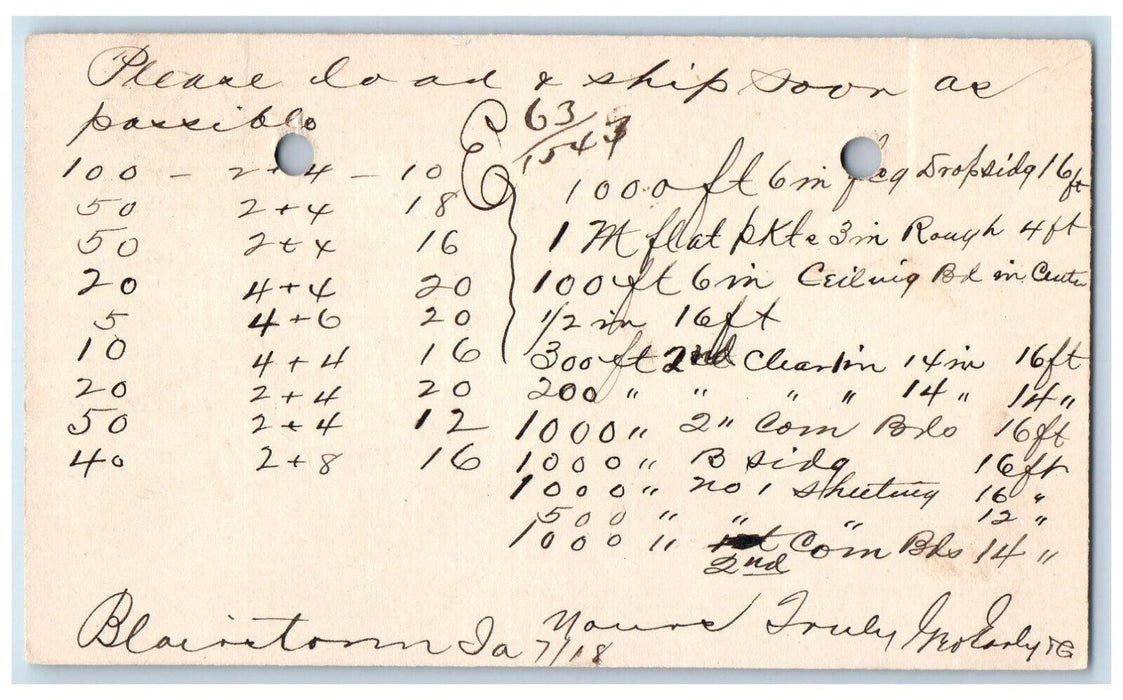 1883 Lumber Ceiling BD Order Blairstown Iowa IA Clinton IA Postal Card