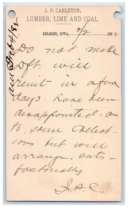 1882 JP Carleton Lumber Lime and Coal Blue Cancel Belmond IA Postal Card