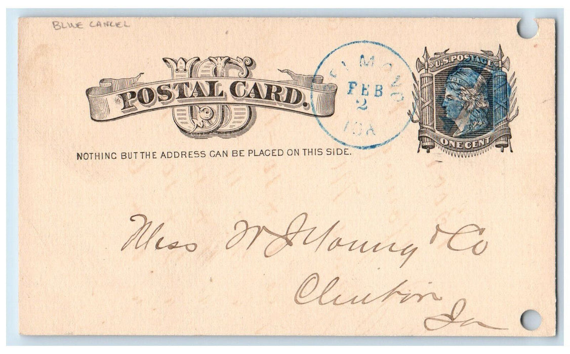 1882 JP Carleton Lumber Lime and Coal Blue Cancel Belmond IA Postal Card