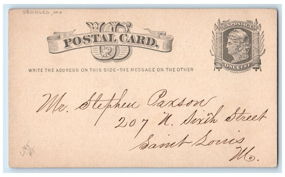 1878 Mr. Stephen Paxson Saint Louis MO Sedalia Missouri MO Postal Card