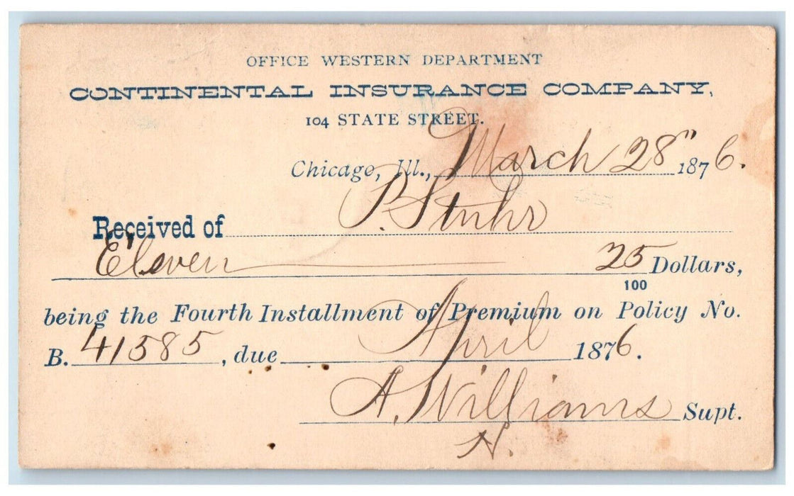 1876 Continental Insurance Company Blue Fancy Cancel Grand Island NE Postal Card