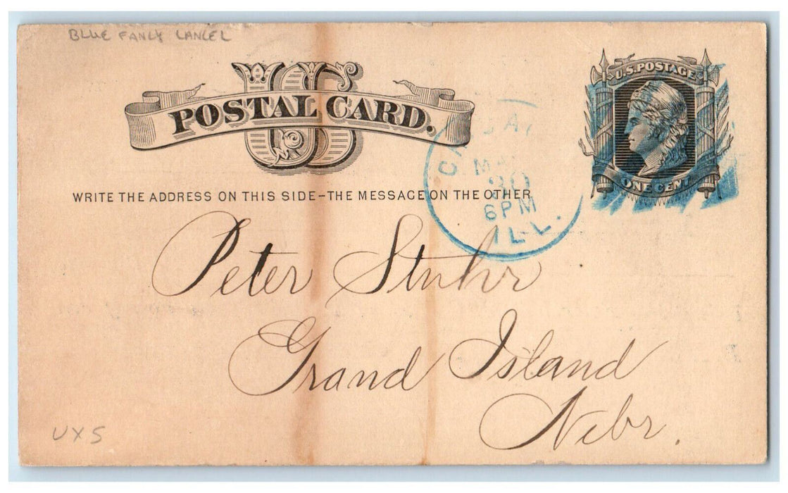1876 Continental Insurance Company Blue Fancy Cancel Grand Island NE Postal Card
