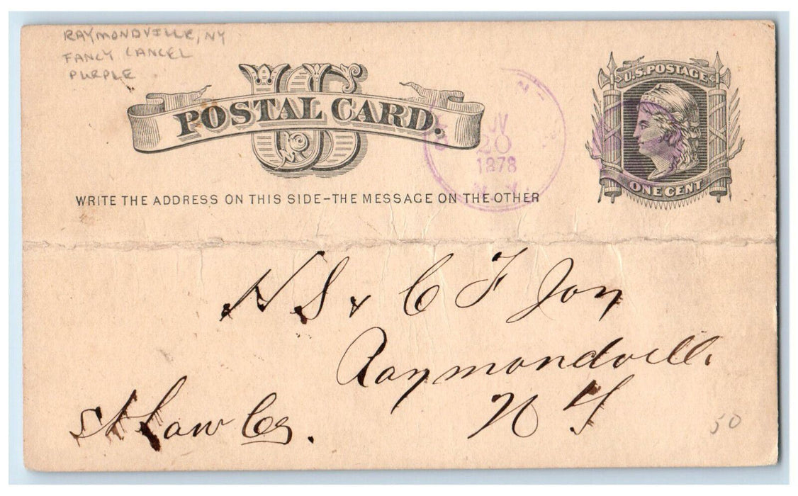 1878 Thomson Hill Raymondville New York NY Fancy Cancel Purple Postal Card