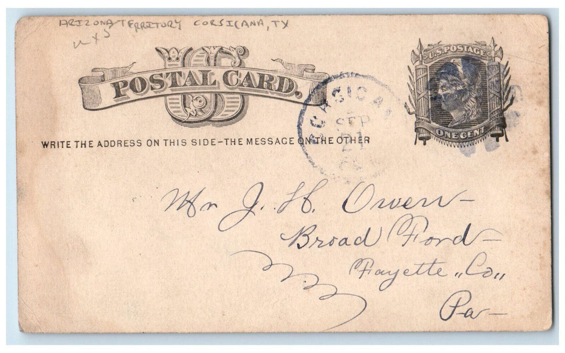 1882 Arizona Territory Roxie White Corsicana Texas TX Posted Postal Card