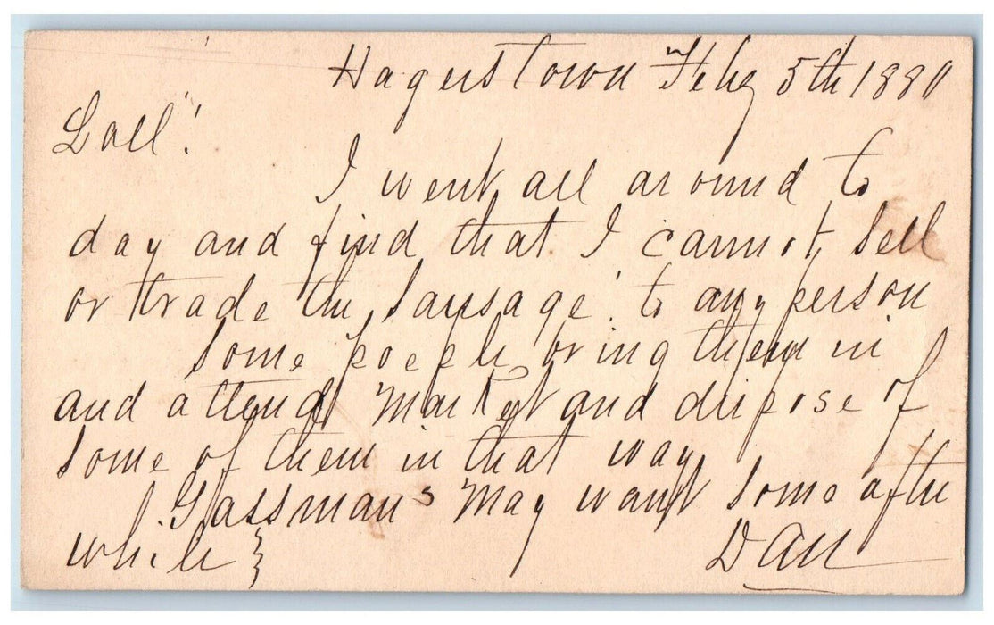 1880 Sausage Message Hagerstown Maryland MD Washington MD Postal Card