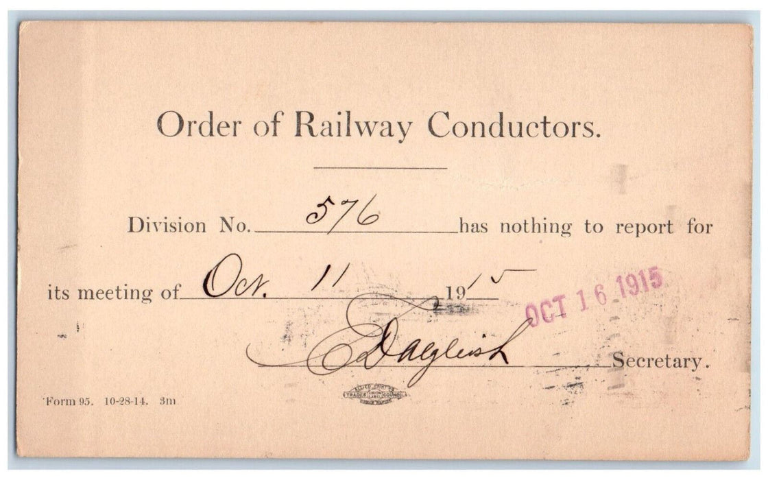 1915 Oct 11 Meeting Order of Railway Conductors Cedar Rapids IA Postal Card