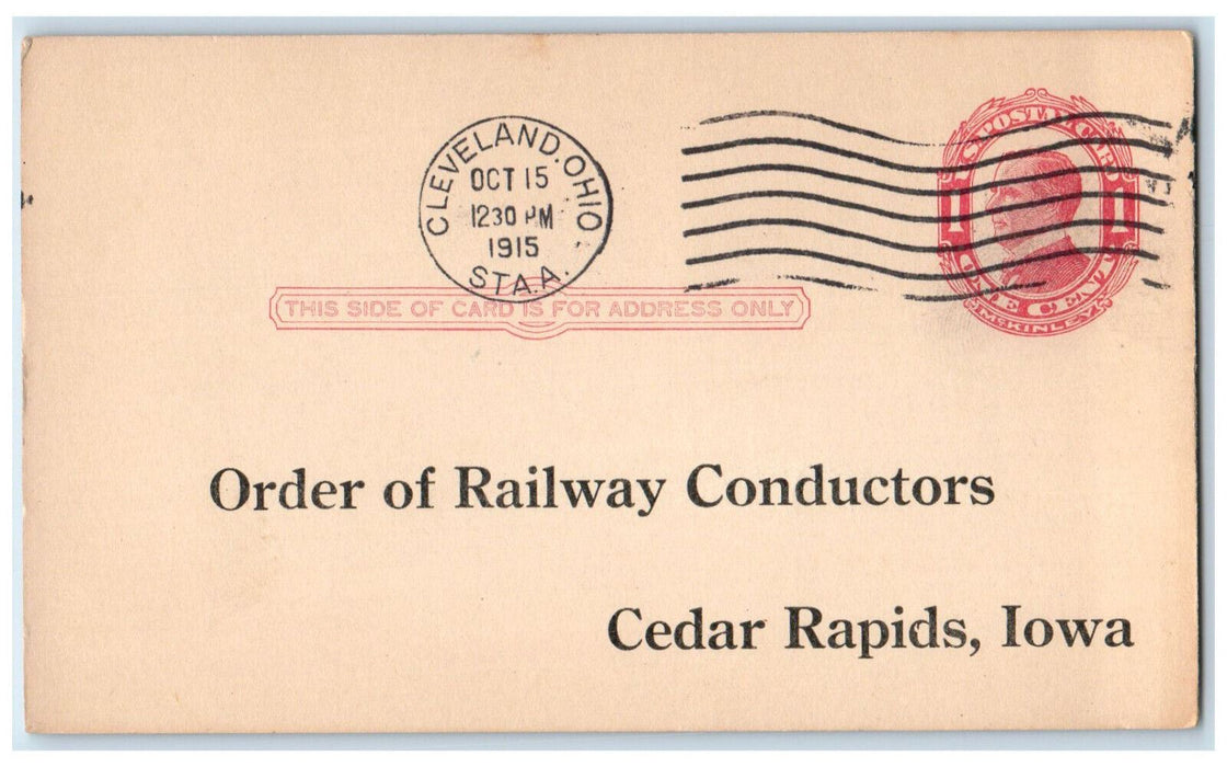 1915 Oct 11 Meeting Order of Railway Conductors Cedar Rapids IA Postal Card