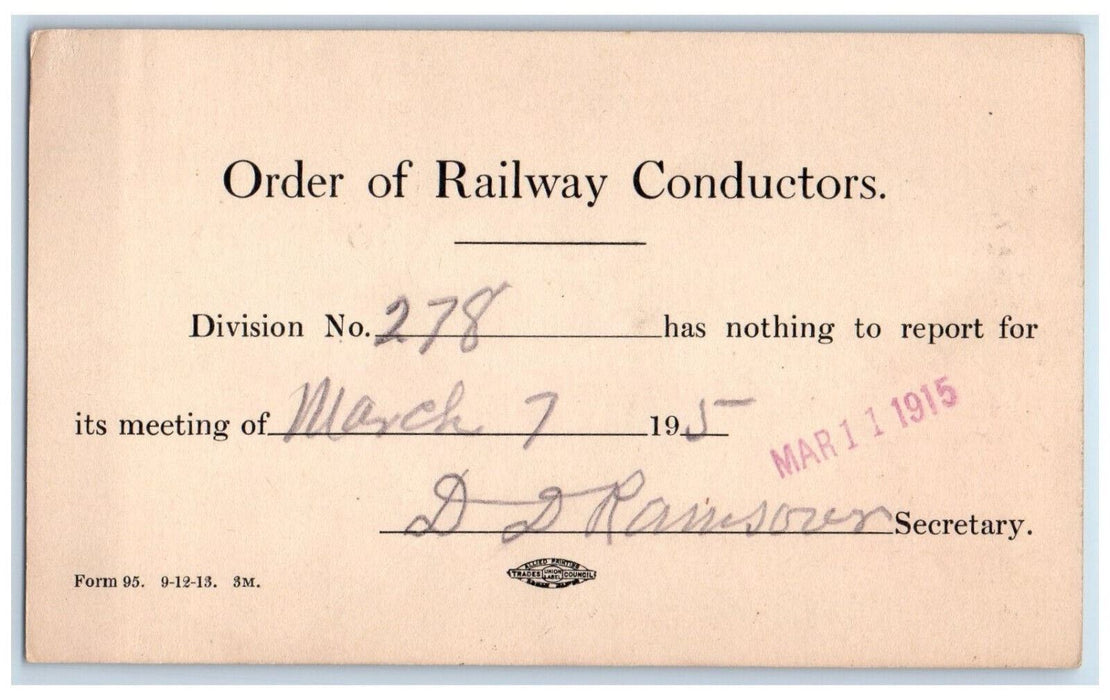 1915 Division No 278 Meeting Order of Railway Conductors Dennison OH Postal Card