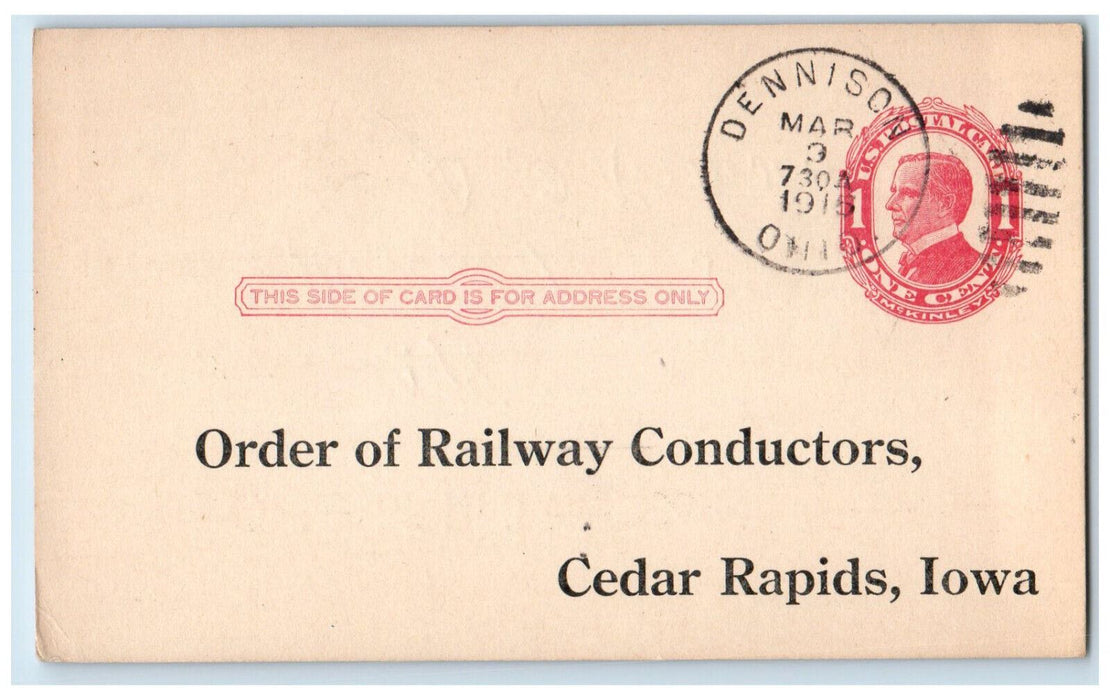 1915 Division No 278 Meeting Order of Railway Conductors Dennison OH Postal Card