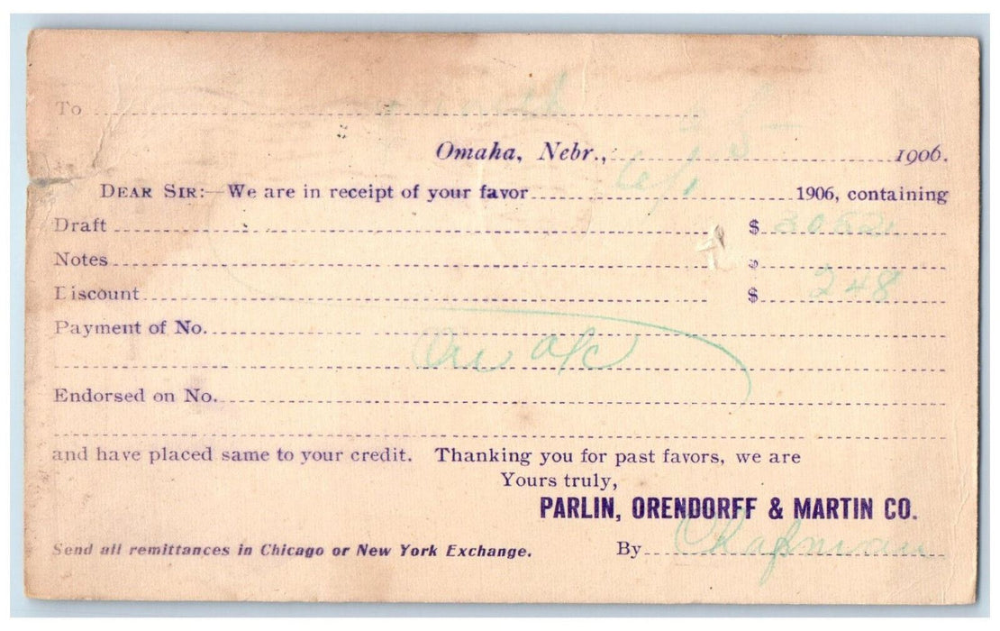1906 Parlin, Orendorff & Martin Co. Omaha Nebraska NE Plymouth NE Postal Card