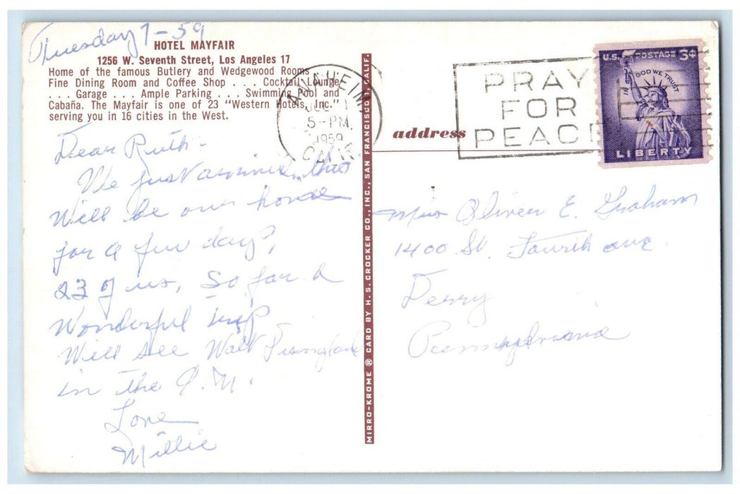 1959 Hotel Mayfair Seventh Street Resort Living Los Angeles California Postcard