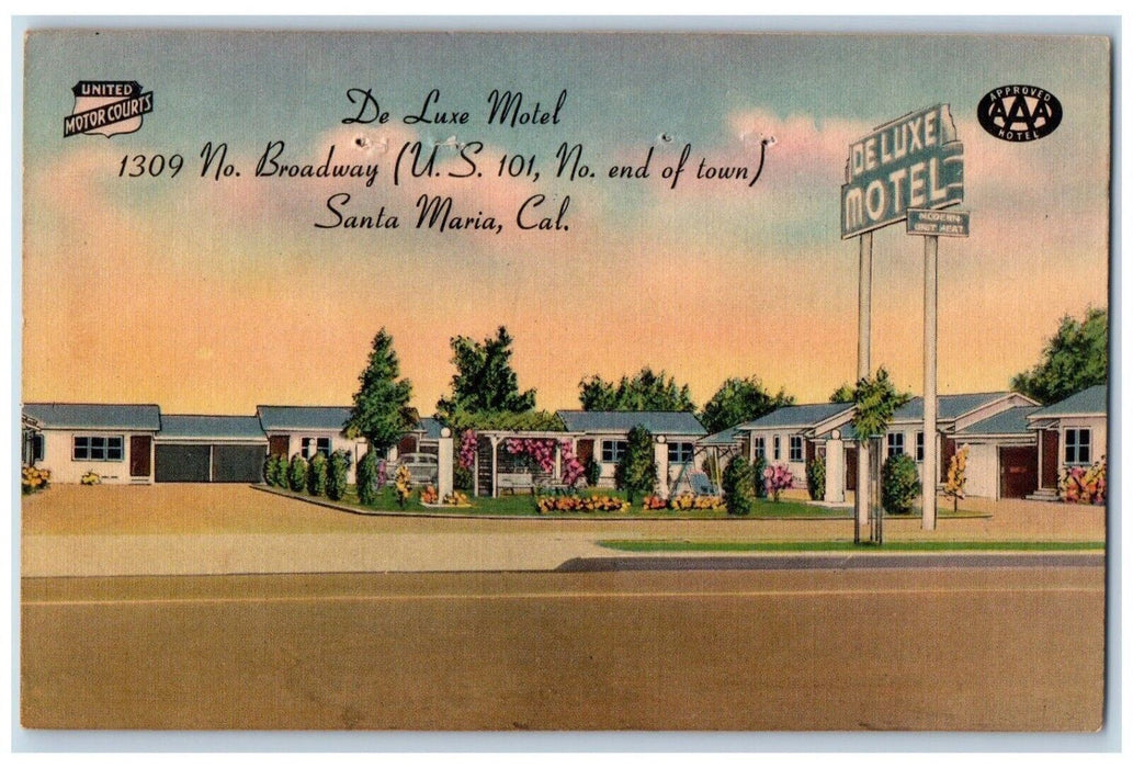 c1940 Deluxe Motel Broadway Exterior Building Santa Maria California CA Postcard