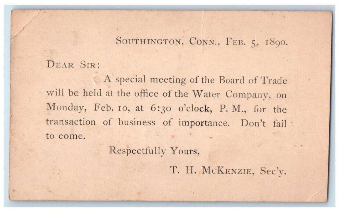1890 T.H. McKenzie Sec'y Southington CT Plantsville CT Posted Postal Card