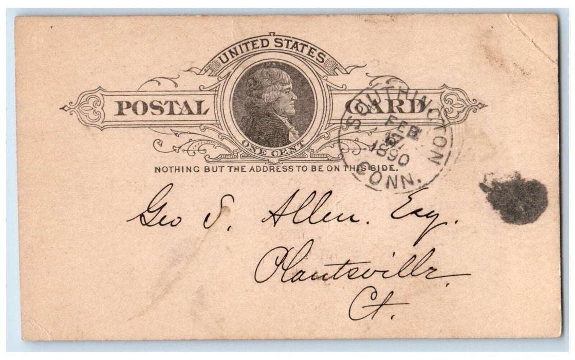 1890 T.H. McKenzie Sec'y Southington CT Plantsville CT Posted Postal Card