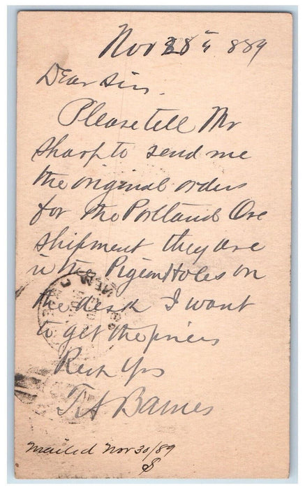 1889 Mr. Sharf Order Shipment Ellmnen Haw Mfg. Plantsville CT Postal Card