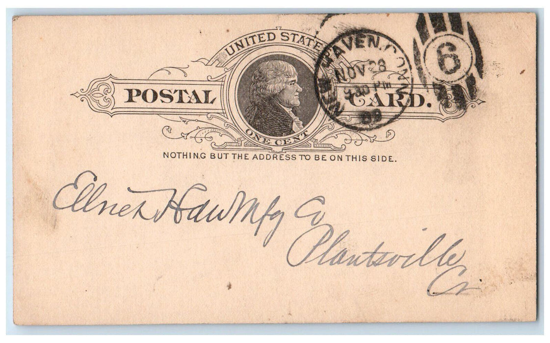1889 Mr. Sharf Order Shipment Ellmnen Haw Mfg. Plantsville CT Postal Card