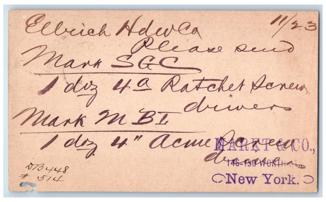 1889 Ellrich Hawco Markt & Co. New York City NY Plantsville CT Postal Card