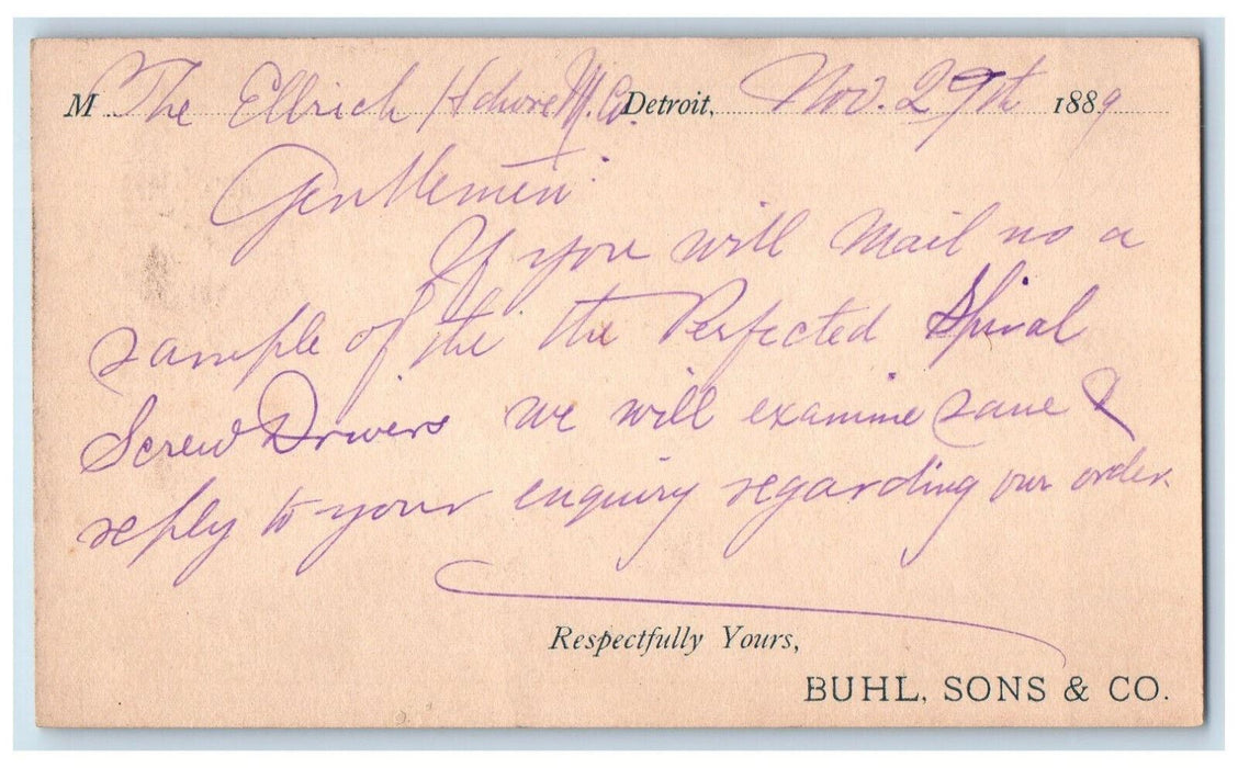 1889 The Ellrich Hawrem Co. Detroit MI Bhul Sons CO. Plantsville CT Postal Card