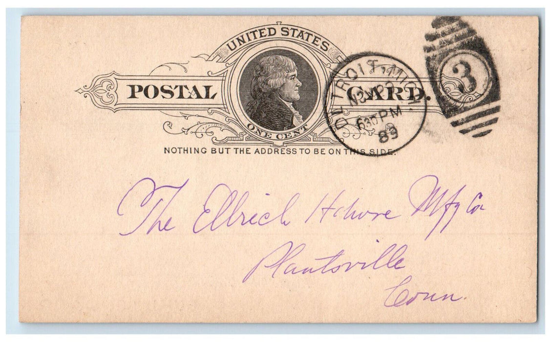 1889 The Ellrich Hawrem Co. Detroit MI Bhul Sons CO. Plantsville CT Postal Card