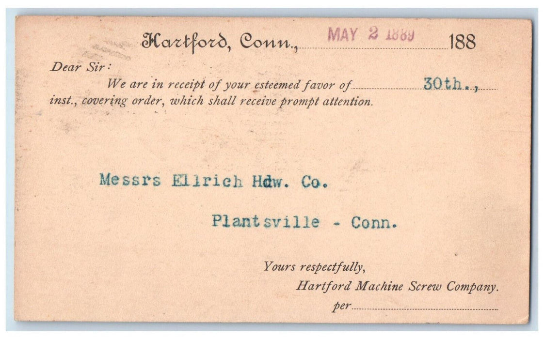 1889 Messrs Ellrich Hdw. Co Plantsville Connecticut CT Hartford CT Postal Card