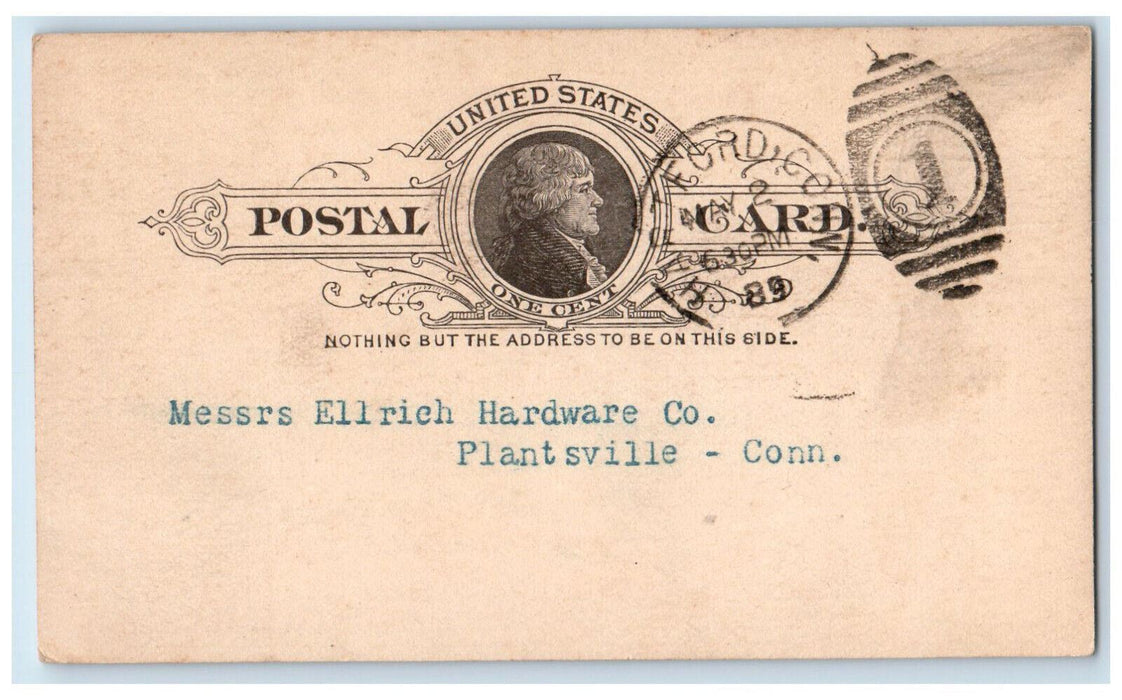 1889 Messrs Ellrich Hdw. Co Plantsville Connecticut CT Hartford CT Postal Card