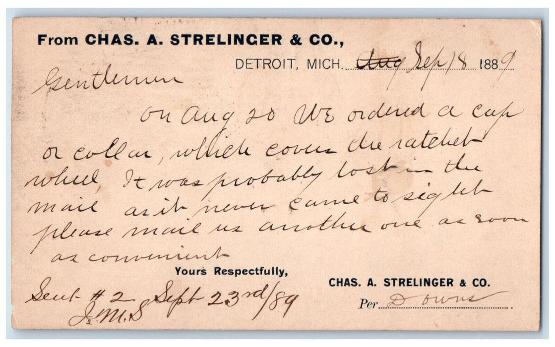 1889 Chas A Strelinger & Co. Detroit MI Elrich Mfg Plantsville CT Postal Card