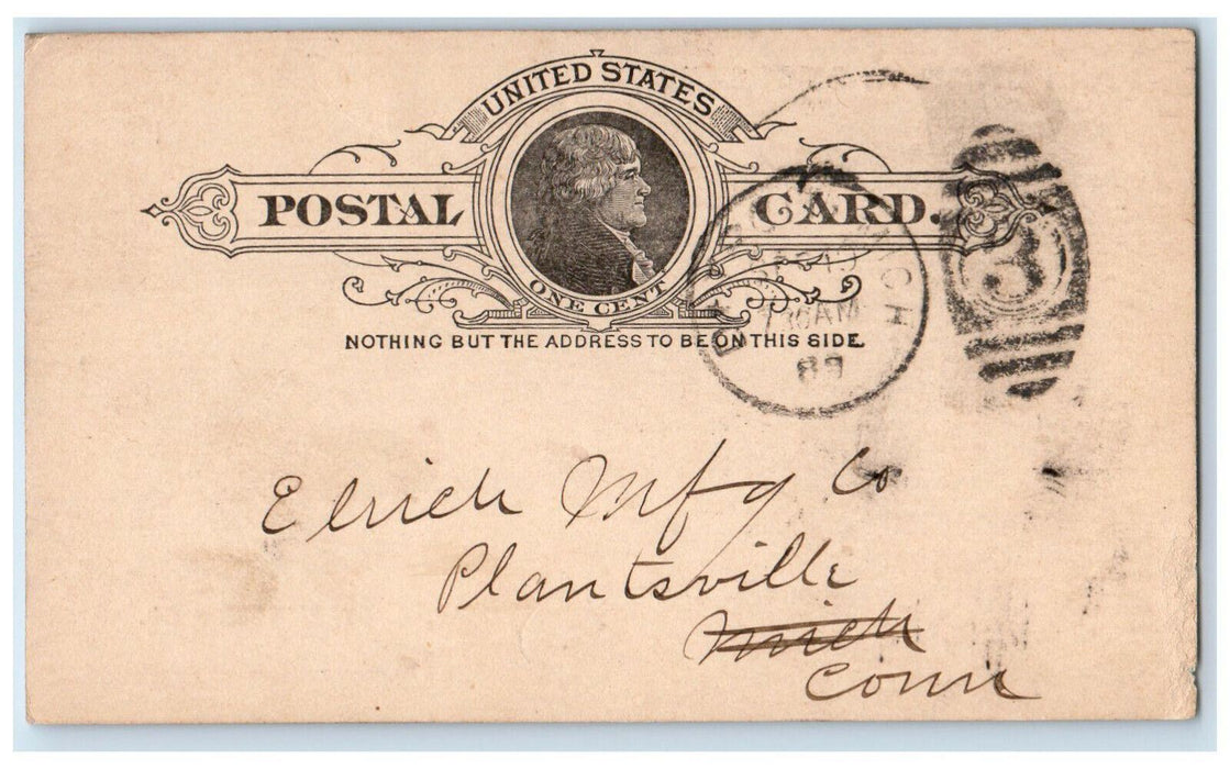 1889 Chas A Strelinger & Co. Detroit MI Elrich Mfg Plantsville CT Postal Card