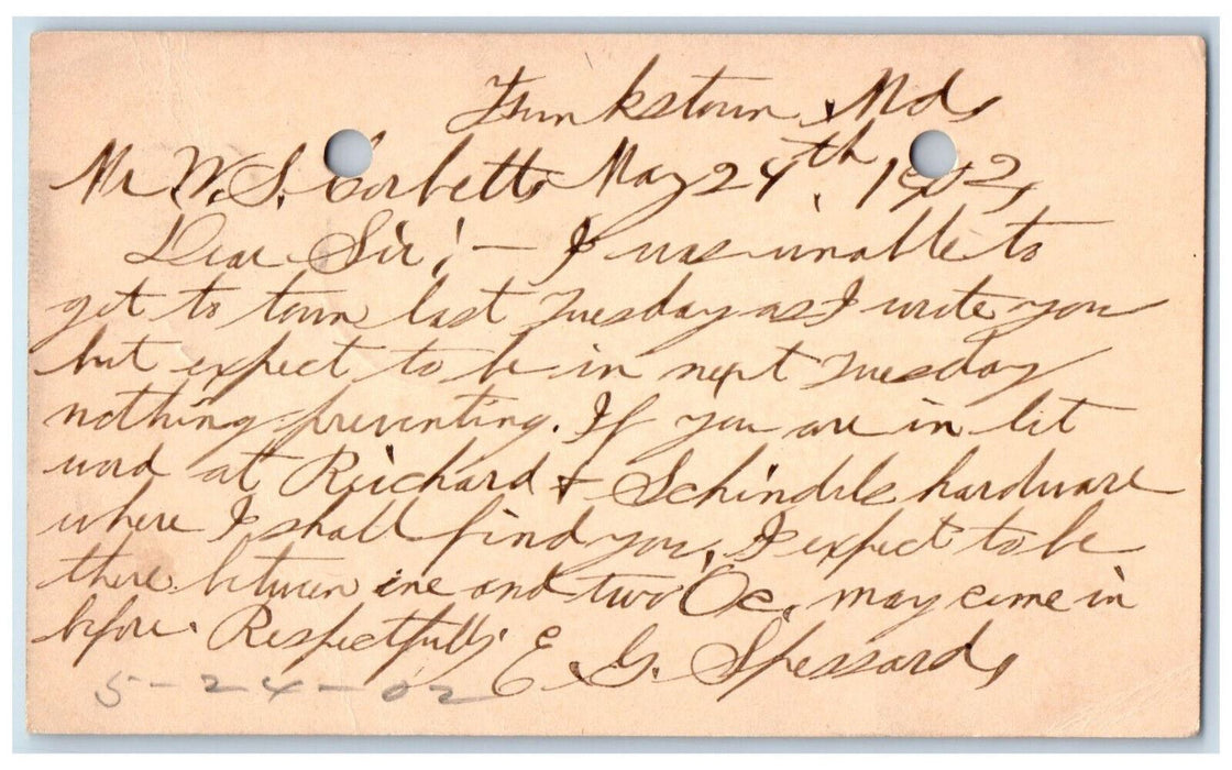 1902 Expecting Letter Funkstown Maryland EG Shessard Posted Postal Card