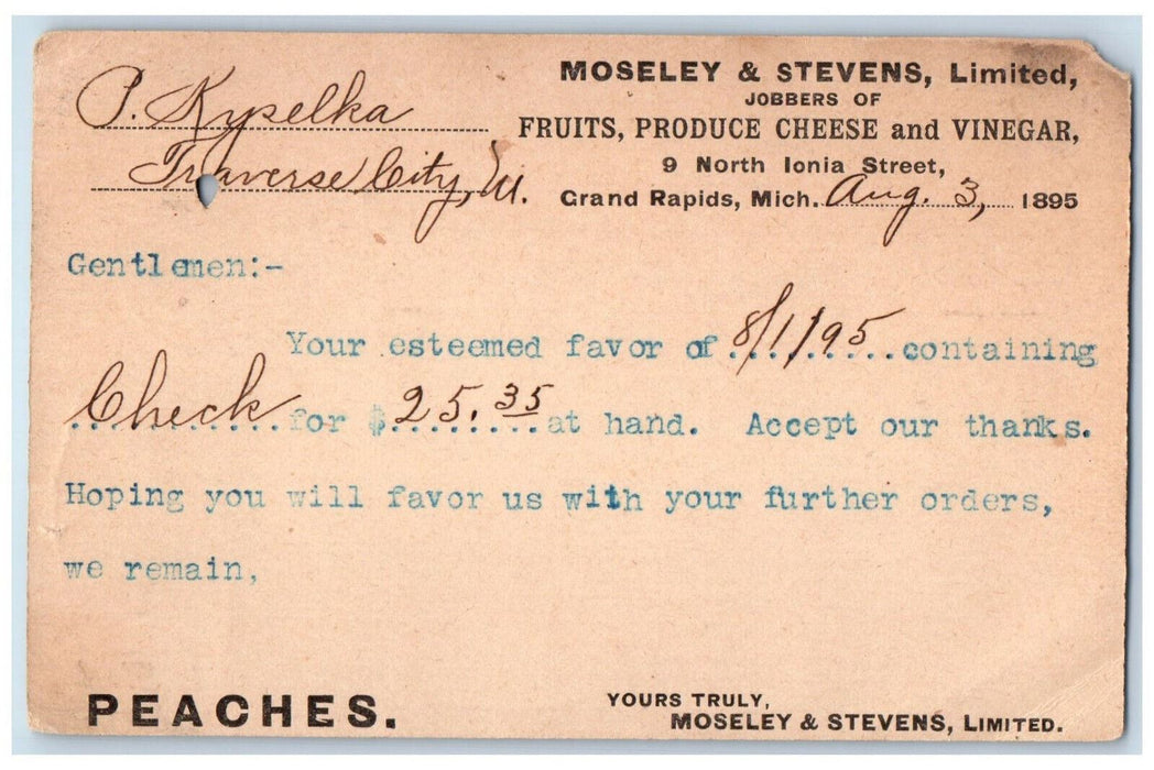 1895 Moseley & Stevens Limited Grand Rapids Michigan MI Posted Postal Card
