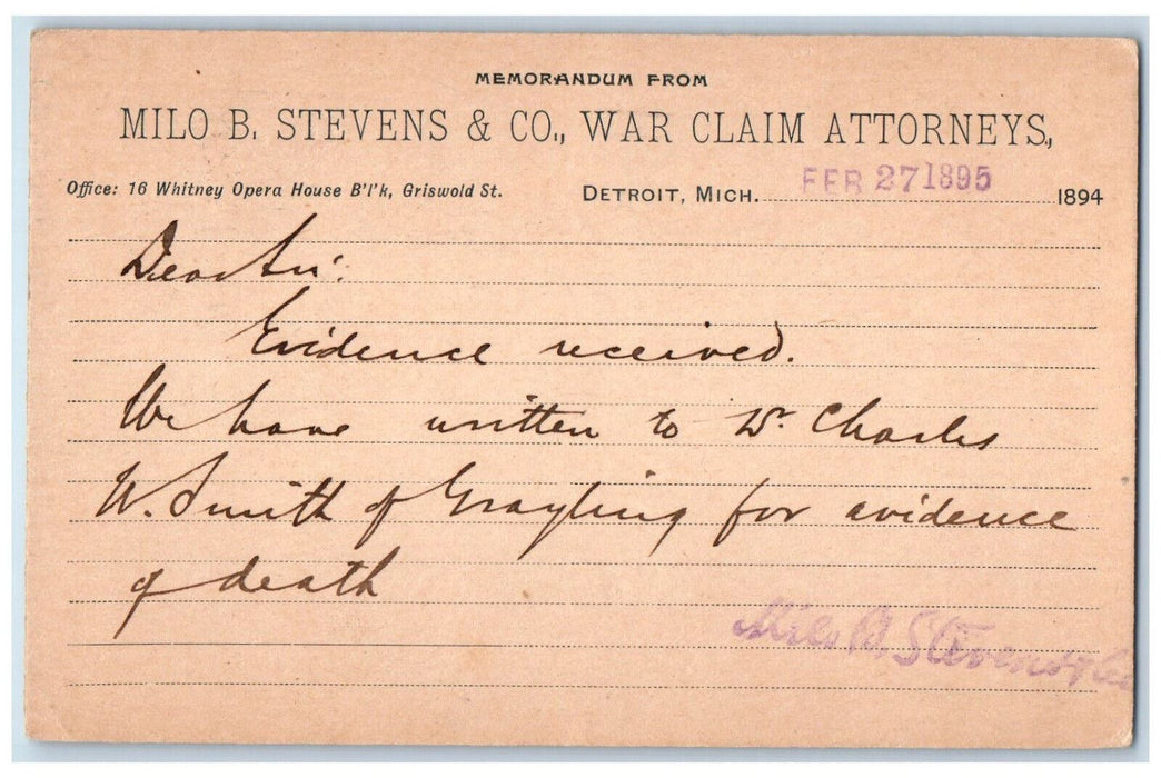 1895 Milo B Stevens & Co. War Claim Attorneys Titusville PA Postal Card