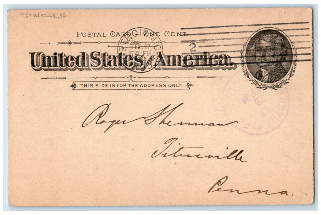1895 Milo B Stevens & Co. War Claim Attorneys Titusville PA Postal Card