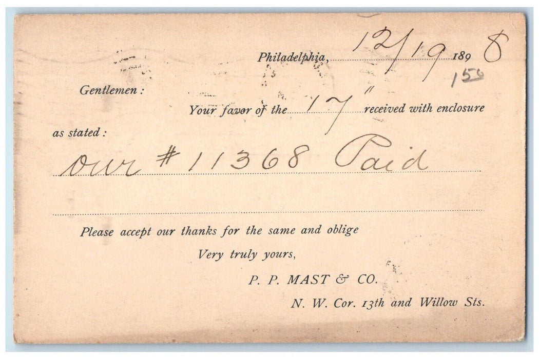 1898 Jefferson Savings Bank Shepherdstown WV Philadelphia PA Postal Card