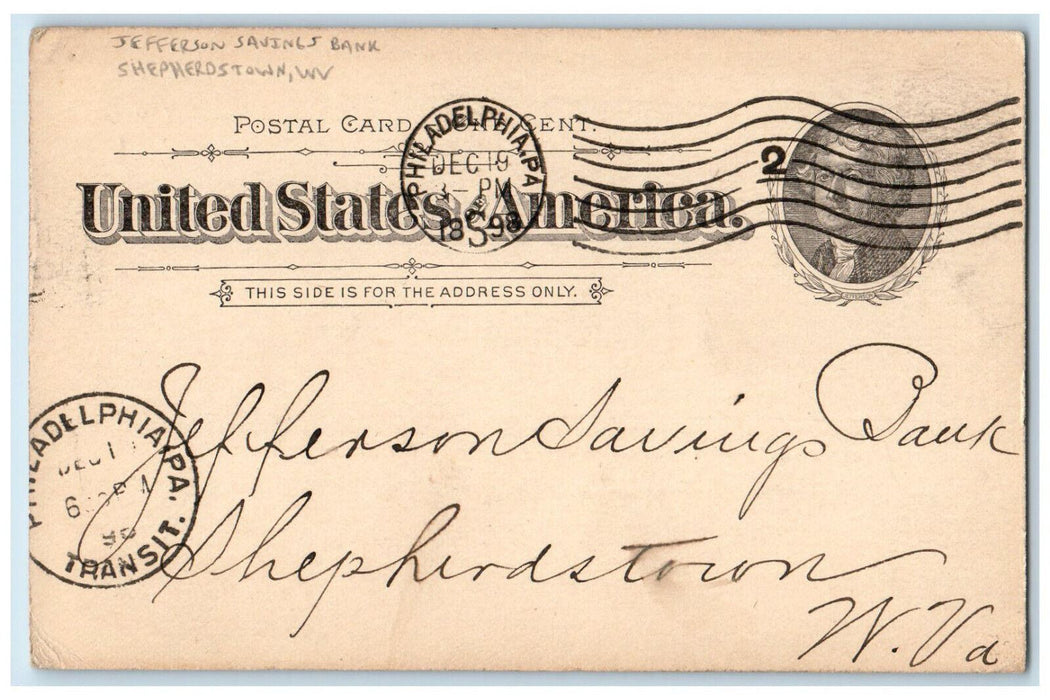 1898 Jefferson Savings Bank Shepherdstown WV Philadelphia PA Postal Card