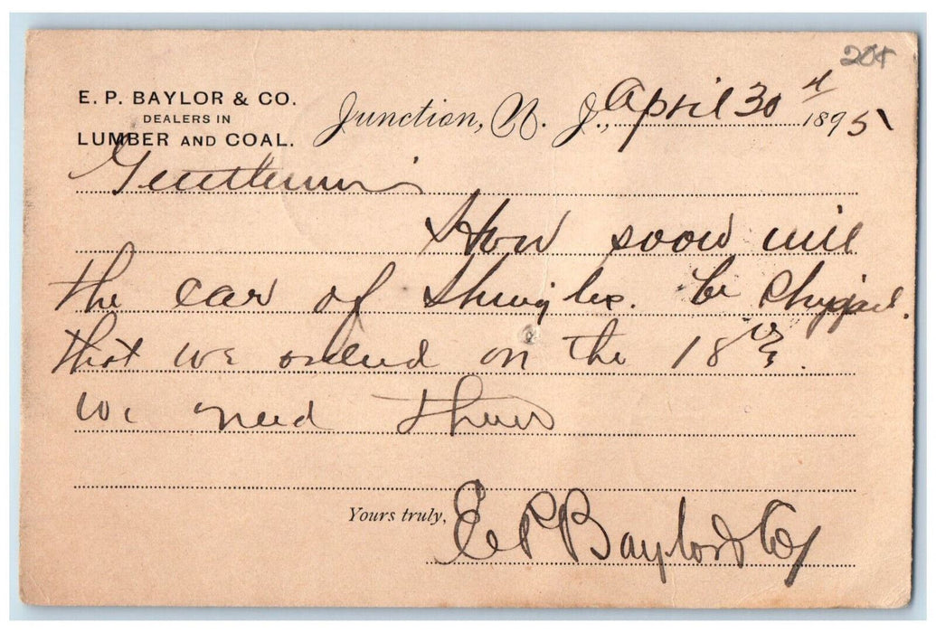 1895 E.P. Baylor & Co Lumber and Coal Junction New Jersey NJ Postal Card