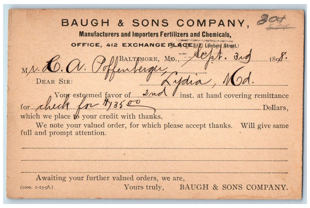 1898 Baugh & Sons Company Baltimore Maryland MD Lydia MD Postal Card