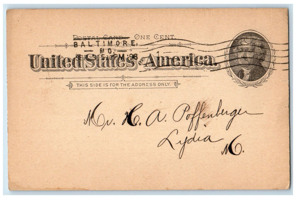 1898 Baugh & Sons Company Baltimore Maryland MD Lydia MD Postal Card
